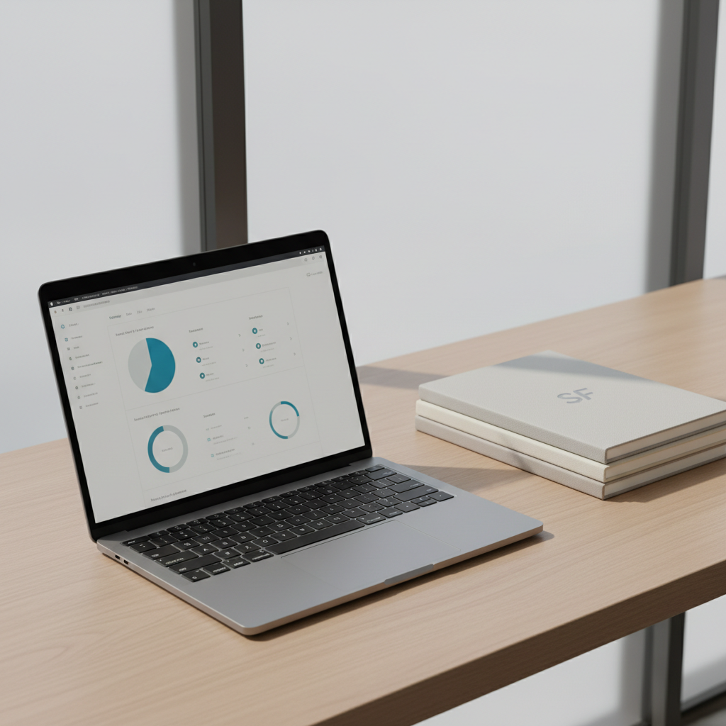 A close-up of a minimalist, neutral-hued desktop featuring a matte silver laptop with a subtle Salesforce dashboard visible on the screen. The laptop rests on a smooth, light oak surface, accompanied by a structured stack of sleek, branded notebooks. Gentle, diffused daylight from a frosted glass window casts soft highlights and creates defined, gentle shadows, imparting a calm and focused atmosphere. Photographed from a slightly elevated angle, this image uses a clean, sharp focus throughout and minimalist, photographic style to convey professionalism and modernity appropriate for a cutting-edge consultancy site.