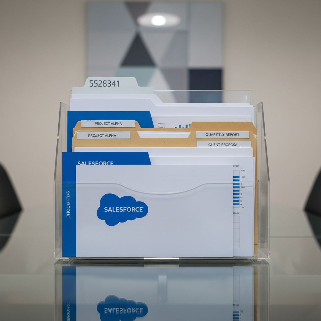 A detailed shot of a translucent acrylic folder organizer filled with carefully labeled documents, Salesforce-branded folders, and neatly arranged paper, placed at the end of a pristine glass boardroom table. The background displays a blurred, neutral wall adorned with subtle abstract art, contributing to an uncluttered, refined setting. Cool overhead LED lighting casts even, shadowless light, highlighting the clarity and structure of the scene. Captured at a straight-on, mid-level angle, the composition uses the rule of thirds for an elegantly balanced effect. The professional, organized mood and clean photographic style present a visual metaphor for systematic, informed project delivery.