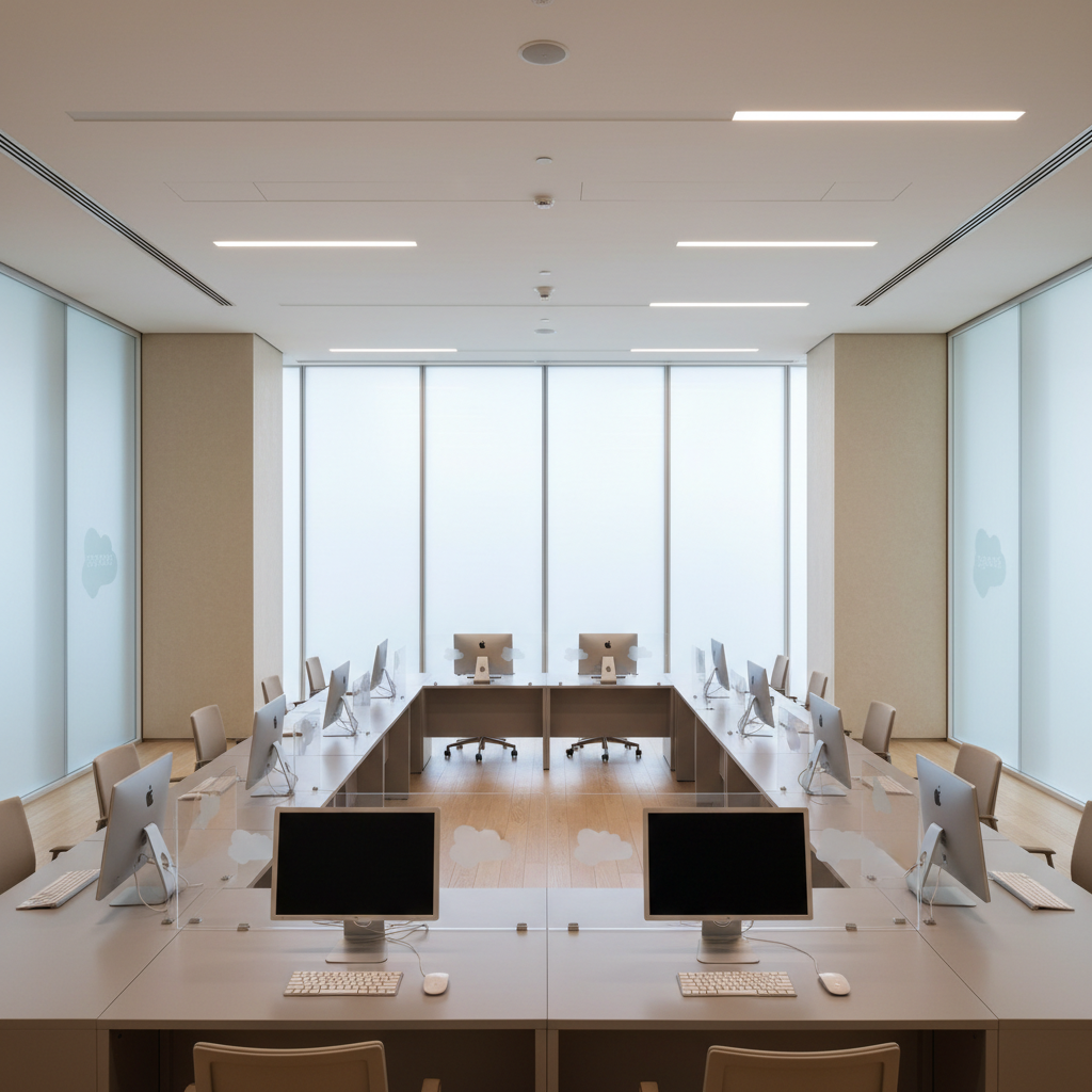 An elegant, modern workspace featuring an array of neutral-toned desktop computers and sleek glass partitions, arranged neatly on polished, light grey conference table surfaces. The workspace is set in a corporate meeting room with clean lines and a spacious, uncluttered layout. Subtle recessed ceiling lighting and diffuse daylight through floor-to-ceiling frosted windows create balanced, soft illumination, enhancing the organized environment. The composition follows a balanced, centered perspective at eye level, emphasizing structure and order. The aesthetic is photographic realism with a professional, clean, and calm corporate mood, perfectly matching the approachable and structured personality of a Salesforce consultancy for small and medium businesses.