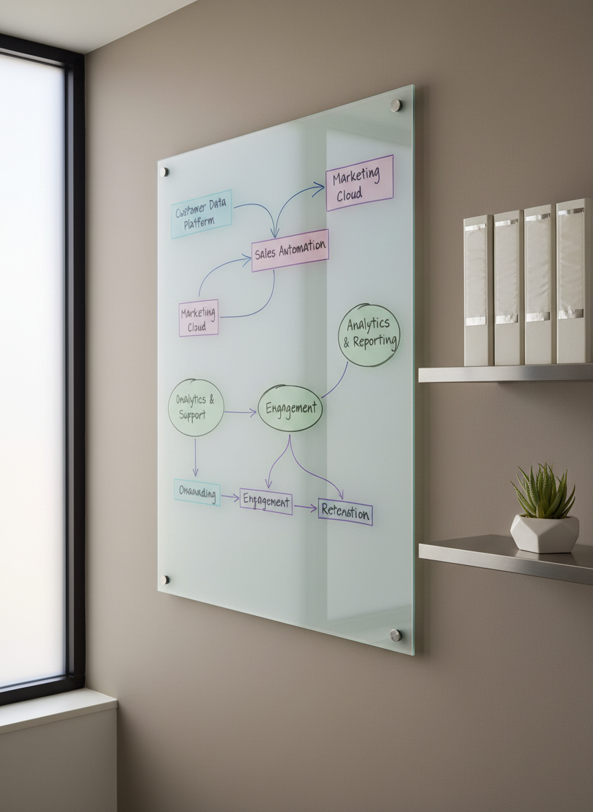 A clean, modern wall-mounted whiteboard filled with neat, color-coded diagrams and flowcharts depicting CRM solutions, all in pastel marker tones. The whiteboard is set against a matte taupe accent wall in a private consulting office, with a nearby metallic shelf holding closed binders and a single potted succulent lending a touch of organic texture. Soft, indirect daylight from a frosted side window creates a tranquil and professional shine, gently highlighting the contours of the diagrams without harsh shadows. Captured from a three-quarter frontal perspective, the composition is carefully framed to emphasize clarity, organization, and the consultative process in a photographic, corporate style.