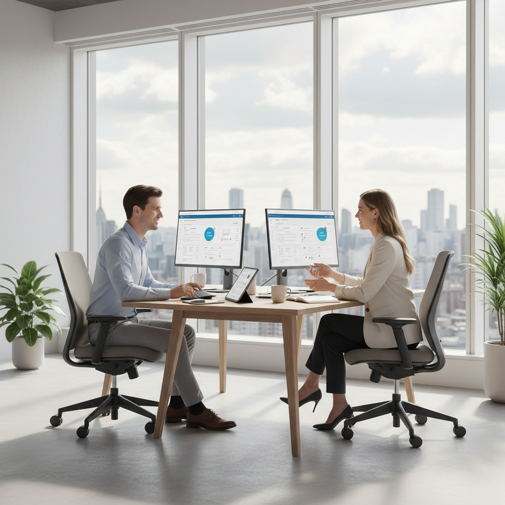 Two professionals collaborating in modern ergonomic office chairs at a shared desk in a bright, minimal corporate workspace with large windows, neutral colors, and clean lines, matching existing Salesforce services imagery style